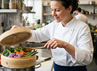 A chef carefully steaming vegetables to preserve the high polyphenol spec of the healthy superfoods.