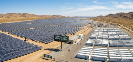 A vast array of renewable energy infrastructure showcasing the biggest year for solar and battery deployment in history.
