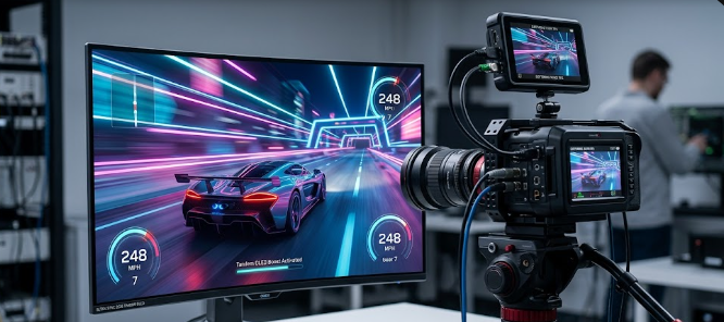  A high-speed digital camera measuring VESA ClearMR 14000 performance on a gaming monitor.
