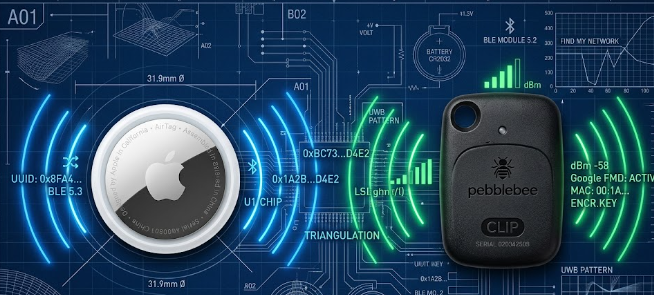  A technical comparison of Apple Find My vs Android Find My Device tracking tags radiating Bluetooth signals.
