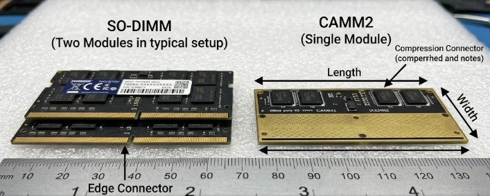  A side-by-side comparison of CAMM2 vs. SO-DIMM laptop memory modules showing the size difference.
