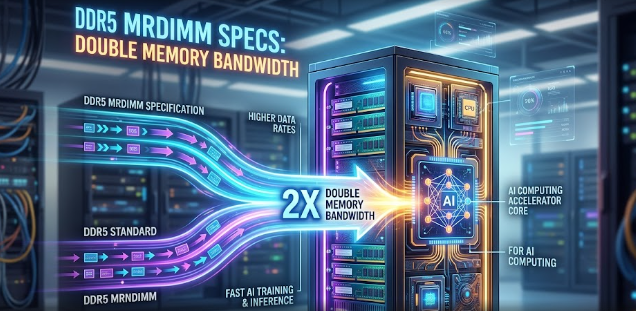 A glowing server rack representing how DDR5 MRDIMM specs double memory bandwidth for AI computing.