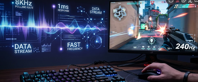 High-performance 8000Hz polling rate peripherals displayed next to a competitive esports gaming setup.

