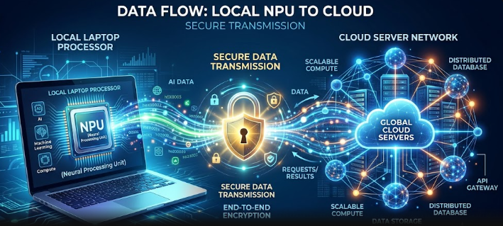 A diagram illustrating the Hybrid Compute Continuum routing data between a local NPU and cloud servers.
