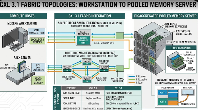 Illustration showing CXL 3.1 Fabric Topologies connecting a modern workstation to a pooled memory server.