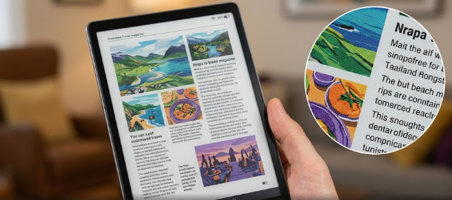 A close-up view showing the vibrant colors and sharp text of Kaleido 3 Displays on a modern e-reader tablet.