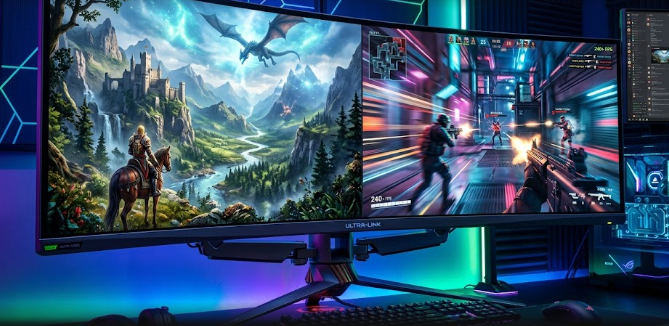 A sleek desktop setup showcasing one of the new Multi-Mode Gaming Monitors switching between 5K cinematic and ultra-fast QHD esports modes.