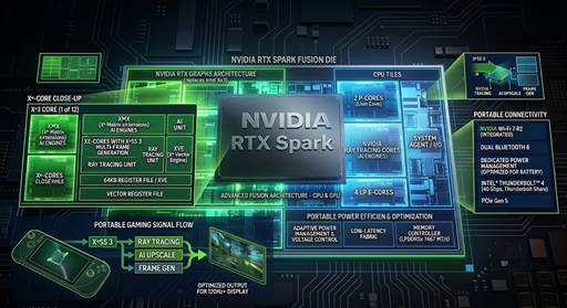 A close-up view of the NVIDIA RTX Spark specs engraved on a futuristic Arm-based AI laptop superchip.