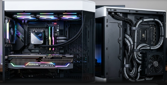 A clean desktop PC build utilizing Rear-Mounted Power Connectors to hide all power cables behind the motherboard tray.