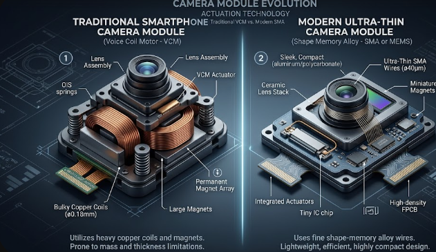  Graphic comparing Shape Memory Alloy vs Voice Coil Motor OIS hardware inside a smartphone.
