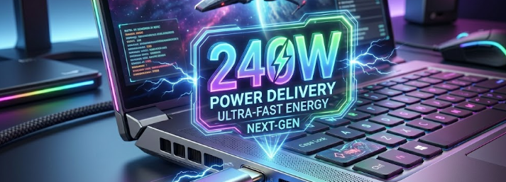 A high-quality USB-C cable demonstrating the power of new 240W charging specs for modern laptops and gadgets.
