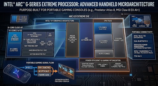 A close-up layout of the Intel Arc G-Series Extreme processor showing its advanced microarchitecture designed for portable gaming consoles.