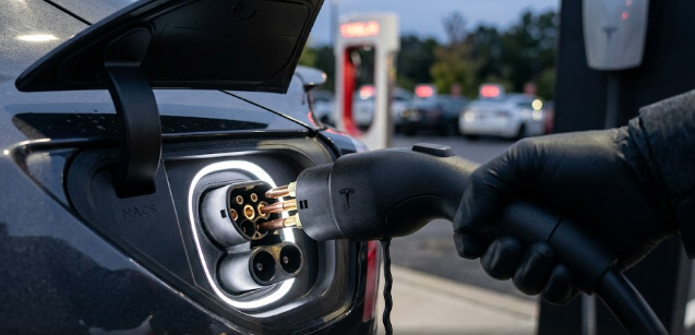 A close-up view of a connector using the SAE J3400 EV charging standard.
