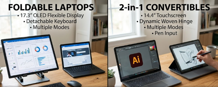 A side-by-side view comparing foldable laptops vs 2-in-1 convertibles on a sleek wooden desk.