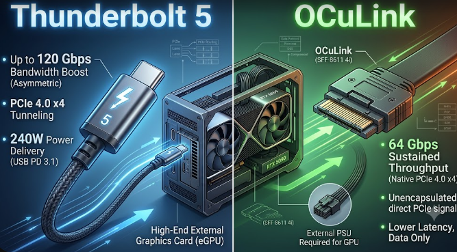 A comparison graphic showcasing OCuLink vs. Thunderbolt 5 connectors for an external graphics card setup.