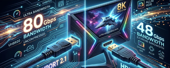 A split-screen comparison of DisplayPort 2.1 vs HDMI 2.1a cables connecting to a high-end gaming monitor.
