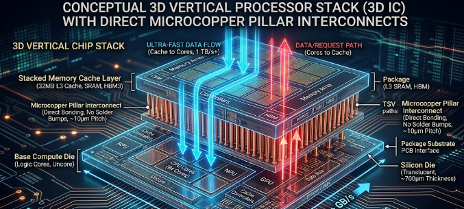 Technical diagram showing direct copper bonding inside a processor chip utilizing AMD 3D V-Cache technology.
