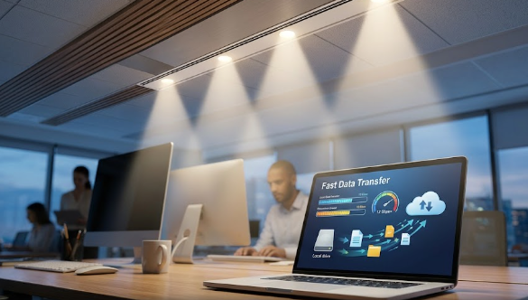  An enterprise office featuring an IEEE 802.11bb Li-Fi system transmitting secure data through near-infrared light.

