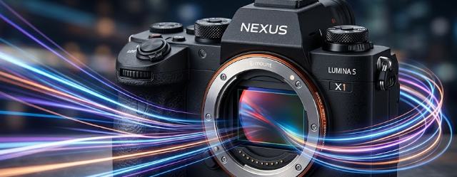 Close-up of a high-end mirrorless camera body showcasing global shutter CMOS sensors that eliminate motion distortion.