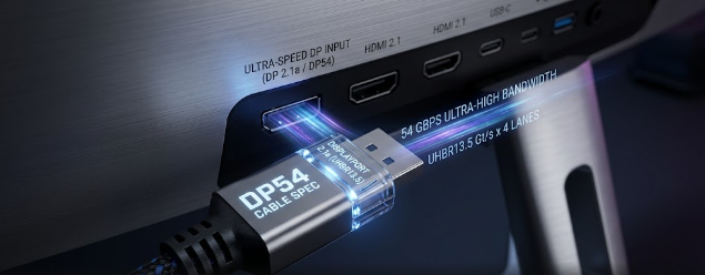 A high-quality gaming monitor connection highlighting DisplayPort 2.1a and the DP54 cable specification.

