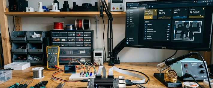A high-tech circuit board illustrating consumer RISC-V SBCs powering a smart home server setup.