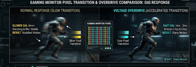  A technical diagram illustrating how monitor overdrive improves response time G2G specs to reduce ghosting during competitive gaming.

