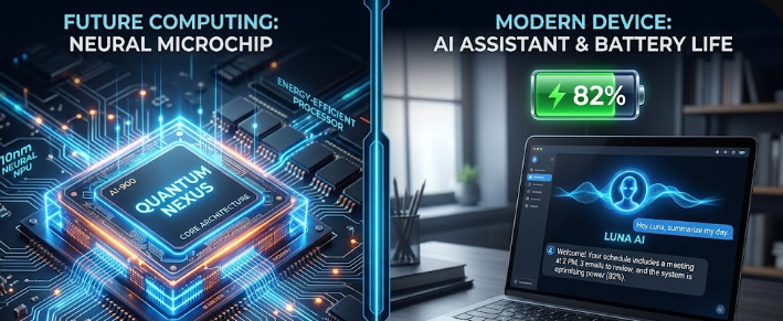  An illustration of a modern processor chip and an AI-powered PC representing the TOPS benchmark for laptops.
