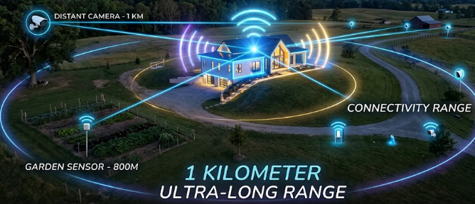 A glowing smart home with IoT devices connected, illustrating the incredible Wi-Fi HaLow specs over a long distance.