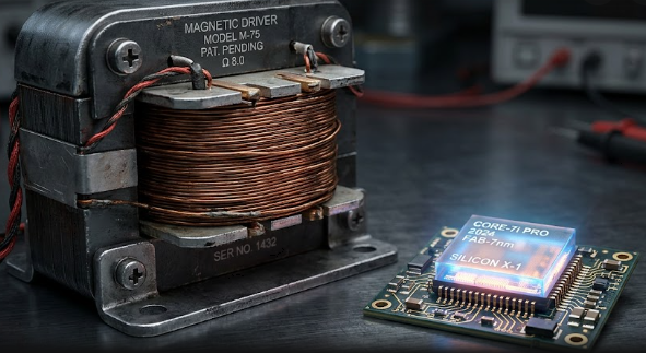 comparing a large, traditional magnetic coil driver next to a tiny, glowing silicon microchip.