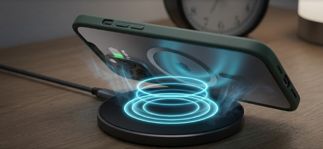 A modern smartphone on a magnetic Qi2 wireless charging pad, highlighting the ease of power and thermal efficiency.
