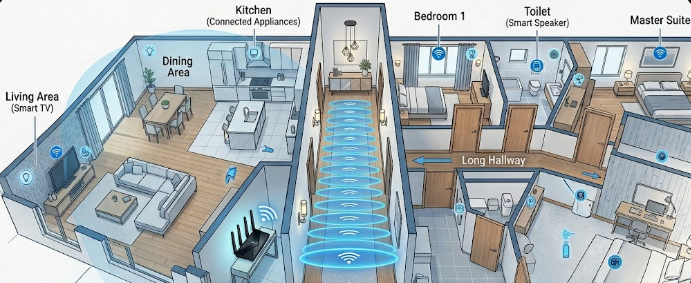 A smart home network router utilizing High-Gain Wi-Fi 7/8 Antennas to broadcast strong signals down a hallway.