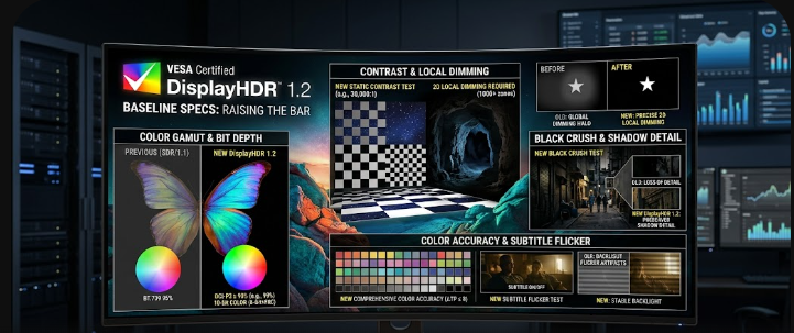  A glowing PC monitor displaying a vibrant scene representing the new VESA DisplayHDR 1.2 baseline specs.
