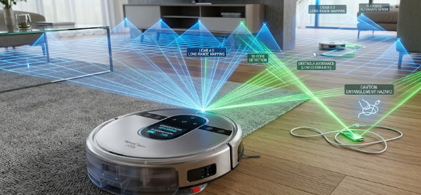 A 2026 robot vacuum using solid-state LiDAR specs to scan a living room floor and dodge obstacles.
