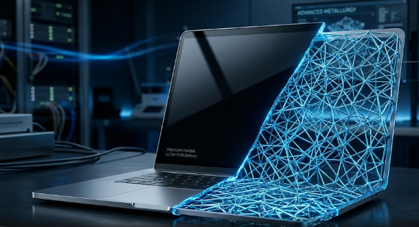  A sleek ultra-light laptop chassis showing the advanced metallurgical structure of Magnesium-Lithium alloys.
