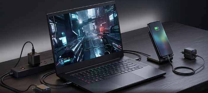 A sleek smartphone and a gaming laptop charging via compact 5th Gen GaN chargers on a modern desk.