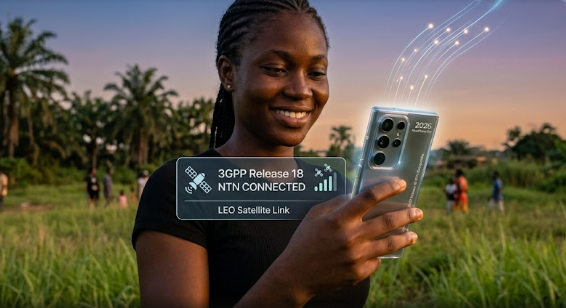 A modern 2026 smartphone connecting seamlessly to low-earth orbit satellites using 3GPP Release 18 NTN technology.