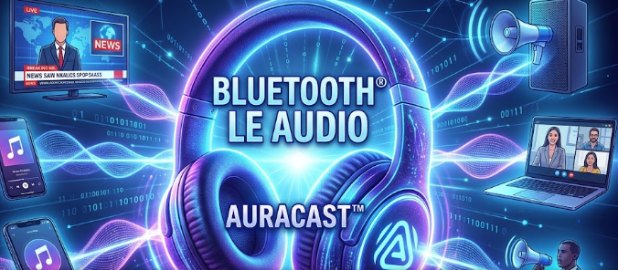 A glowing wireless headphone illustrating Bluetooth LE Audio and Auracast technology connecting to multiple audio streams.
