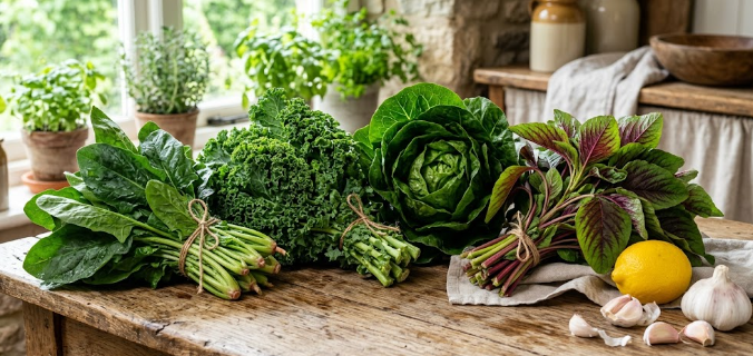 A fresh assortment of spinach, kale, romaine, and amaranth greens, which are excellent vegetables that naturally lower blood pressure.