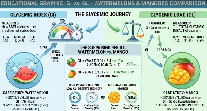 An educational graphic comparing Glycemic Index vs Glycemic Load values for sweet fruits like watermelons and mangoes.
