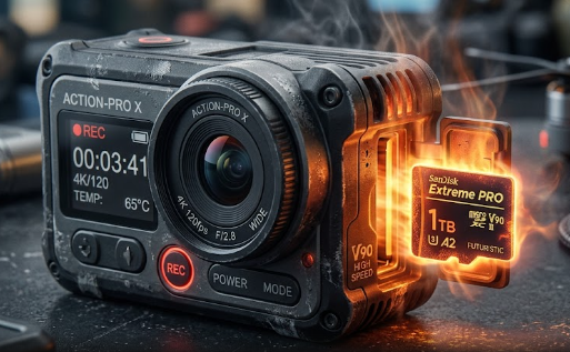A glowing memory card showcasing the power and heat management of an Industrial MicroSD Express 3.0.