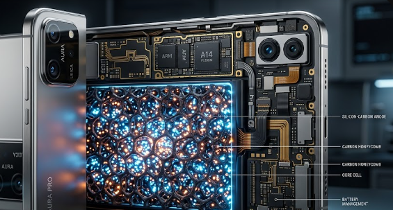 A futuristic diagram showing how Silicon-Carbon Anodes pack extra energy inside a modern smartphone battery.
