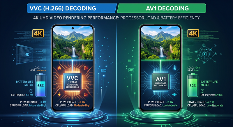 Side-by-side comparison of VVC (H.266) vs. AV1 video compression on modern 2026 streaming hardware.
