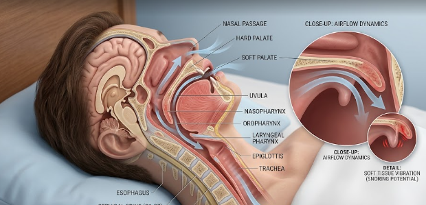 A detailed 3D diagram illustrating the anatomy of a snore inside the human throat.