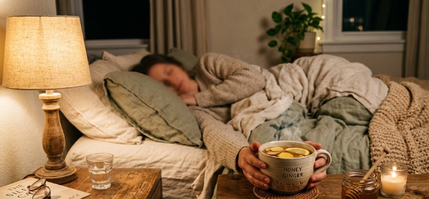 A warm cup of honey tea on a bedside table displaying natural remedies to quiet nighttime airway vibration.
