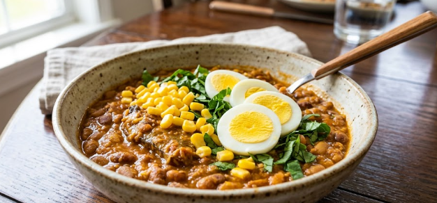  A bowl of beans porridge garnished with sweet corn and vegetables served as complete protein meals.