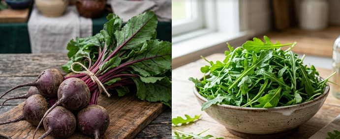 A fresh bunch of beetroot and green arugula leaves, representing nitrate-rich foods for clogged arteries.
