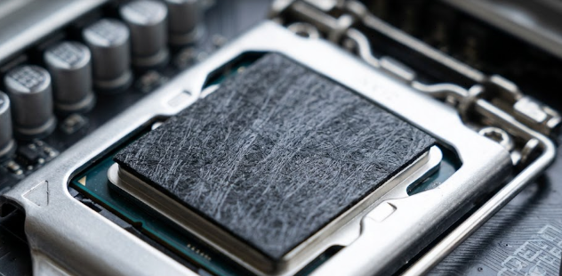  A close-up view of carbon nanotube thermal pads applied to a desktop CPU processor.