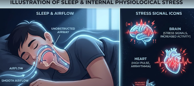 An illustration explaining how chronic loud snoring damages the body over time including heart and brain stress.