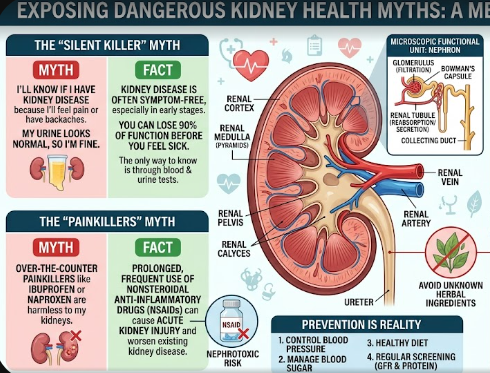 Medical illustration showing human kidney structure to expose dangerous myths about kidney health.