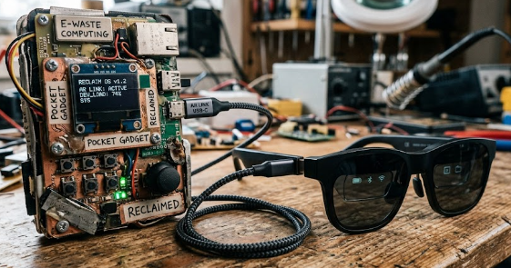 A compact pocket gadget built through reclaimed e-waste computing, connected via a USB-C cable to modern AR glasses.